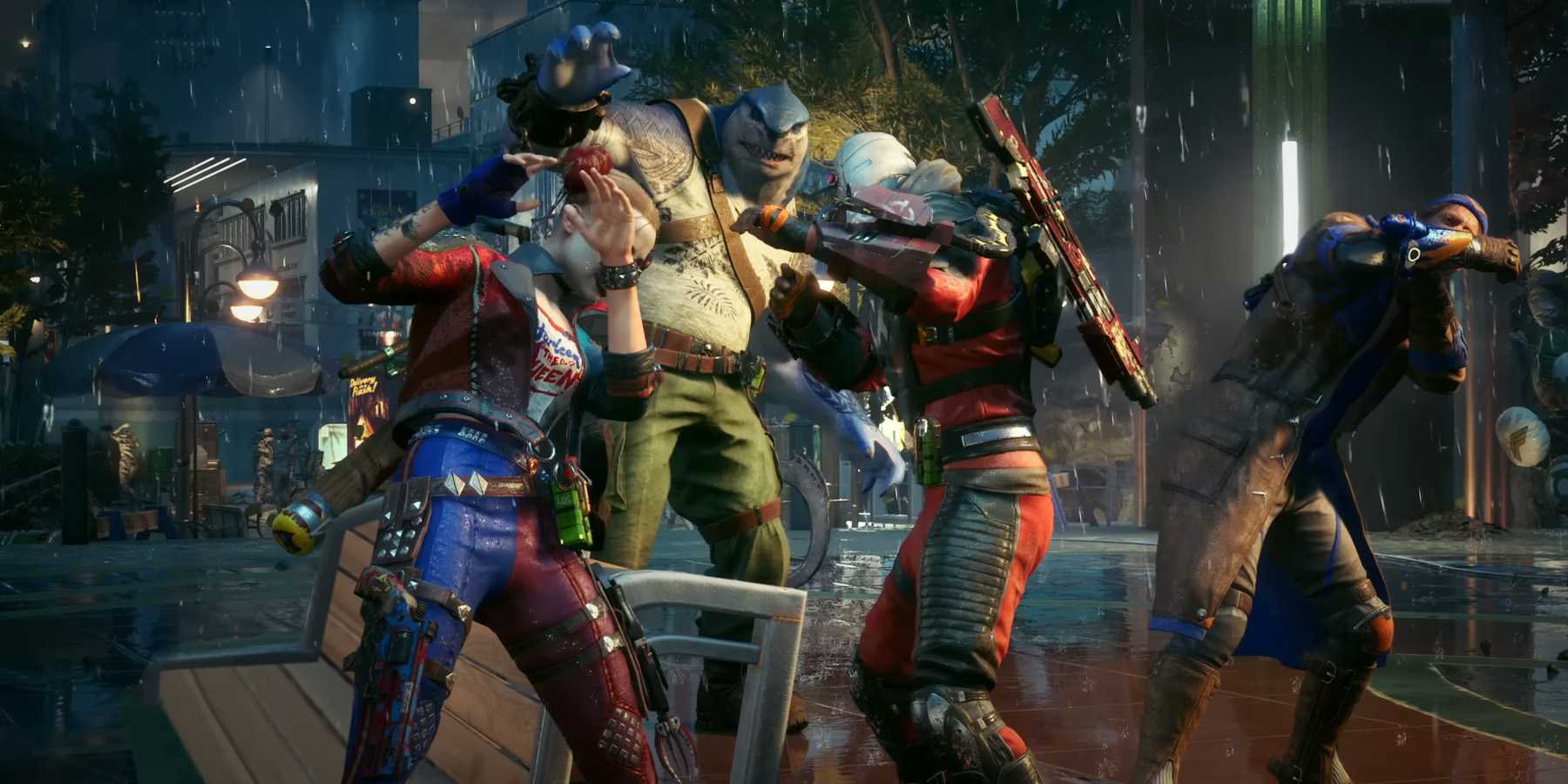 Suicide squad members cowering as superman enters