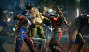 Suicide squad members cowering as superman enters