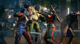 Suicide squad members cowering as superman enters