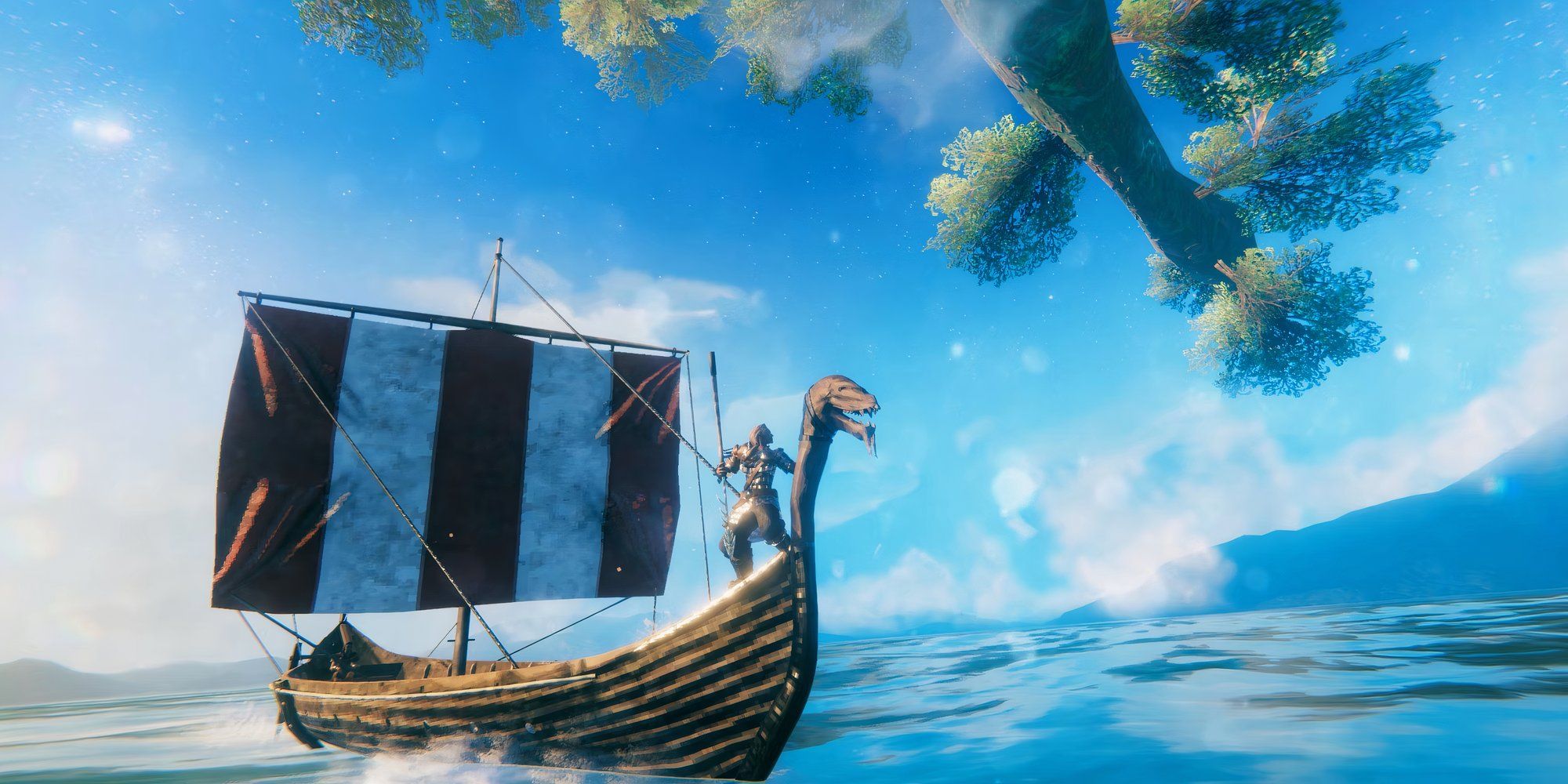 A long boat on the ocean in valheim