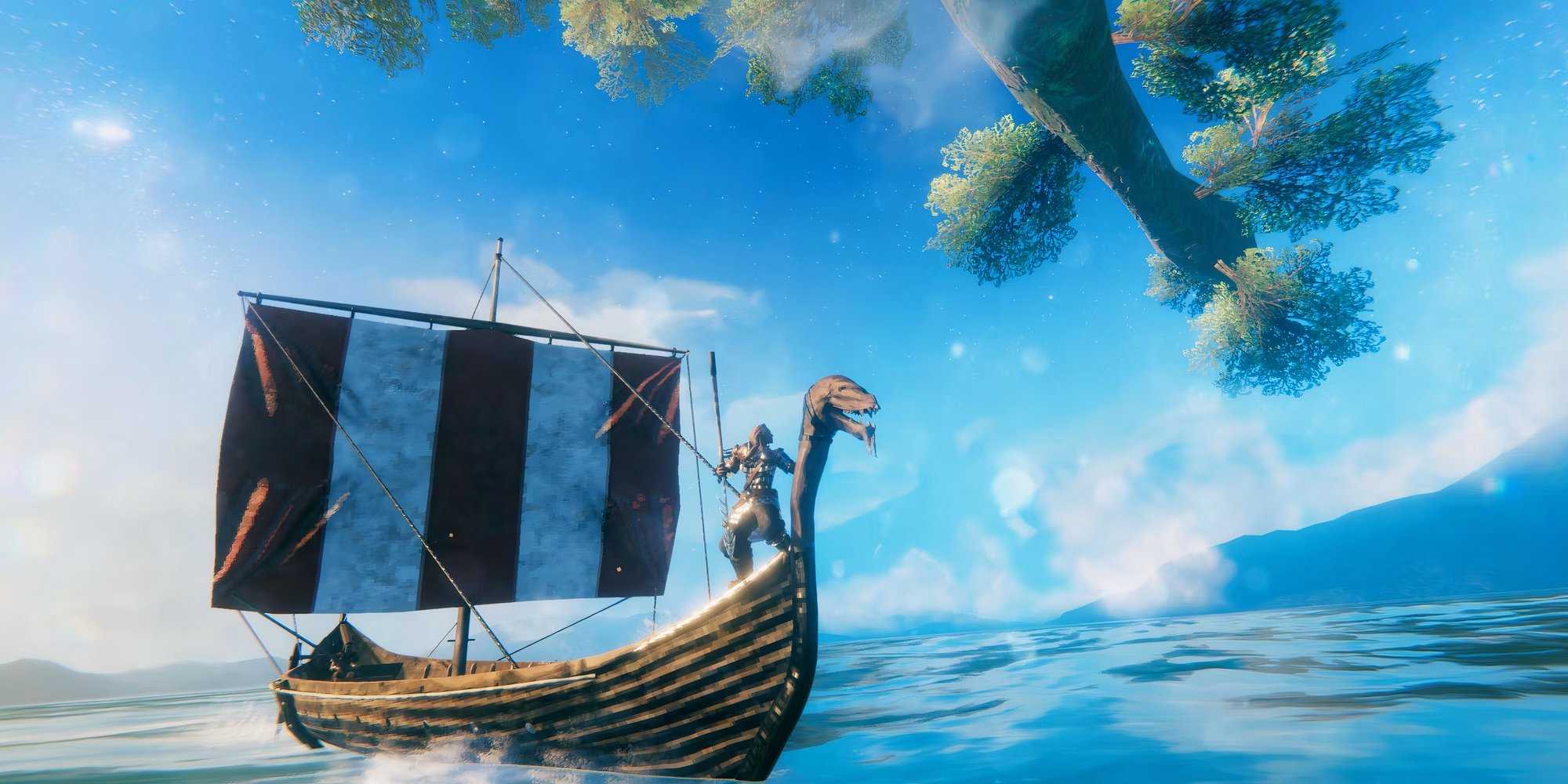 A long boat on the ocean in valheim