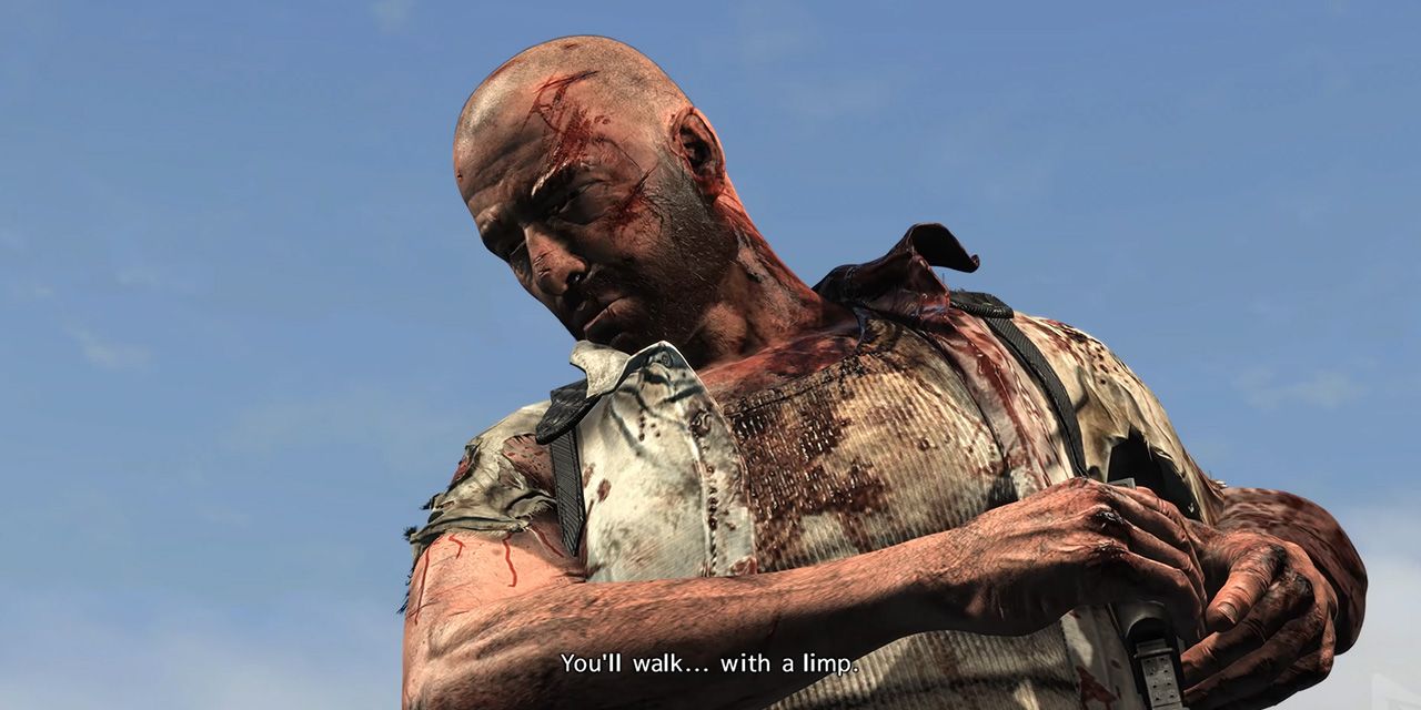 Screenshot from Max Payne 3 video game of bloodied man looking down.