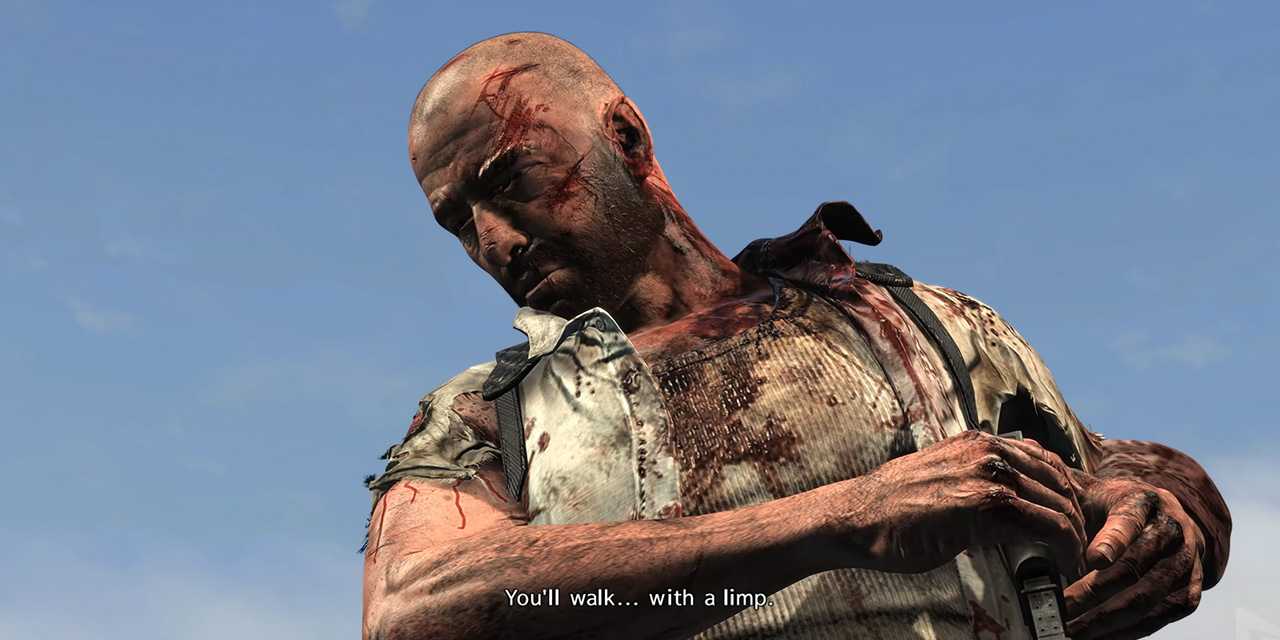 Screenshot from Max Payne 3 video game of bloodied man looking down.