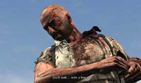 Screenshot from Max Payne 3 video game of bloodied man looking down.