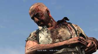 Screenshot from Max Payne 3 video game of bloodied man looking down.