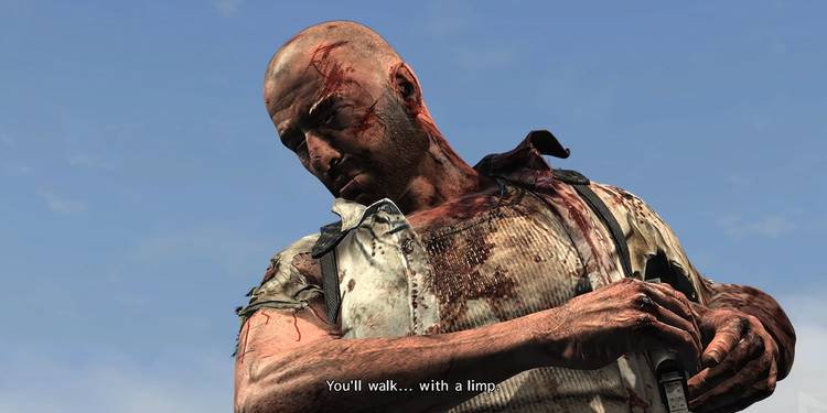 Screenshot from Max Payne 3 video game of bloodied man looking down.