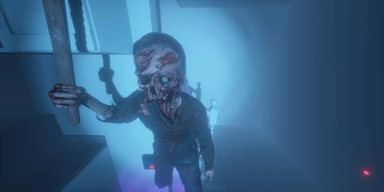Screenshot from Phasmophobia video game of ghost with disfigured face holding a wooden stick