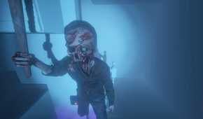 Screenshot from Phasmophobia video game of ghost with disfigured face holding a wooden stick
