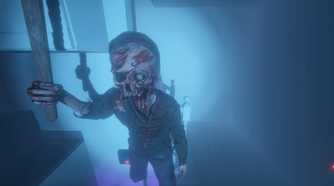 Screenshot from Phasmophobia video game of ghost with disfigured face holding a wooden stick