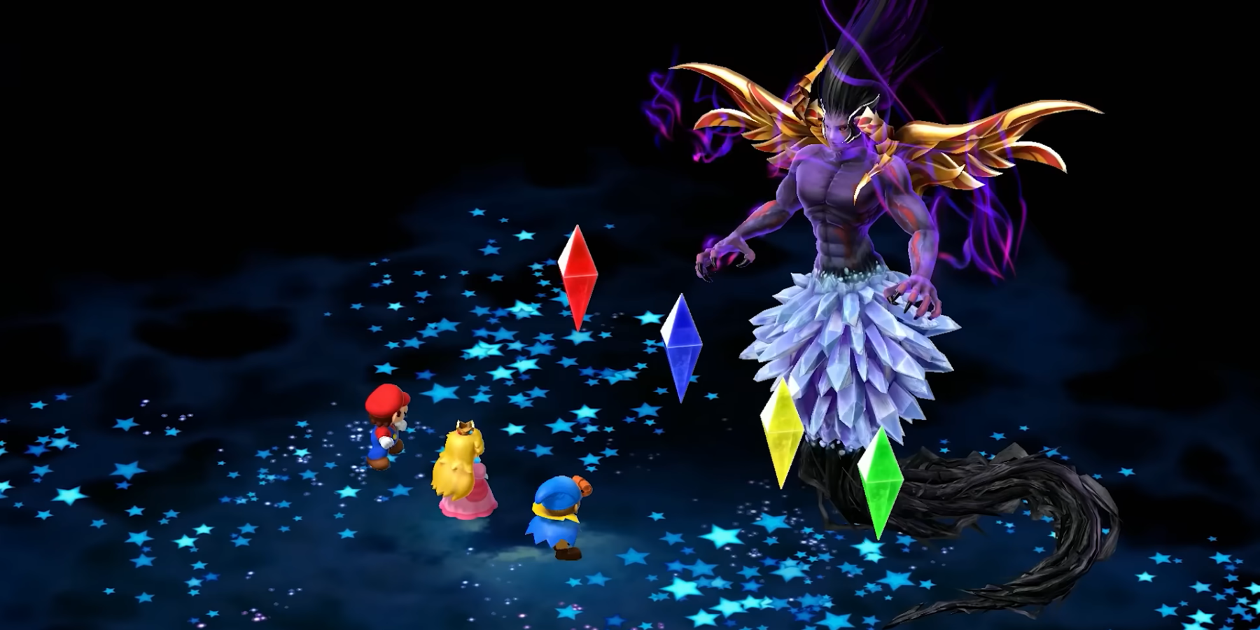 super mario RPG party standing in front of crystals