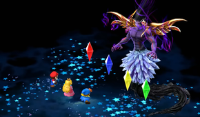 super mario RPG party standing in front of crystals
