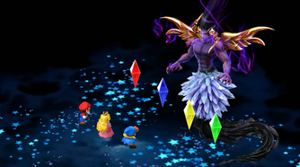super mario RPG party standing in front of crystals