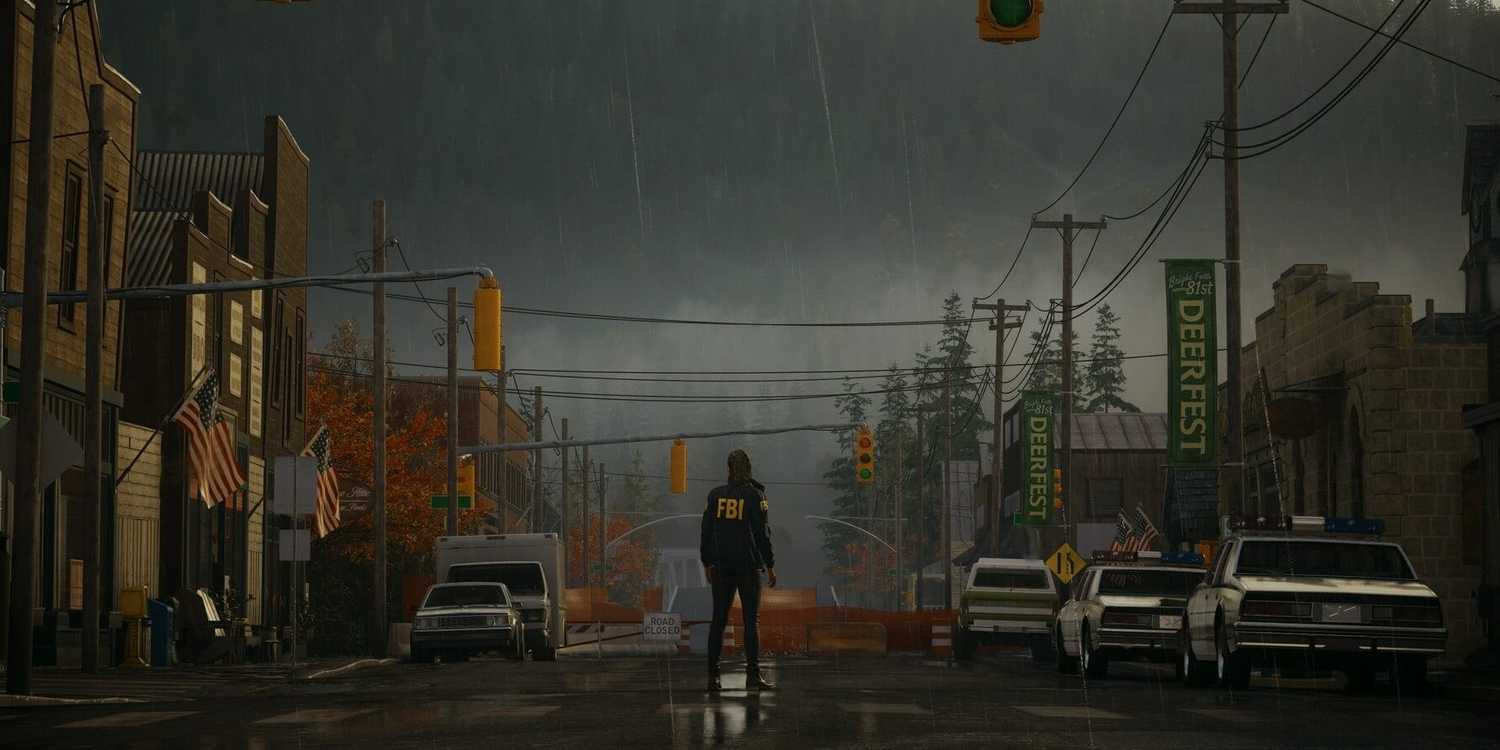 Alan Wake standing in the middle of a road in Bright Falls
