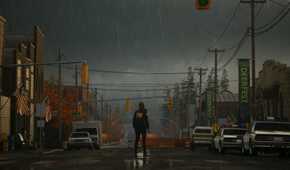 Alan Wake standing in the middle of a road in Bright Falls