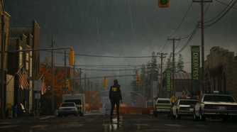Alan Wake standing in the middle of a road in Bright Falls