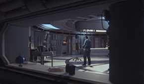 A man standing in the middle of a room in a space ship