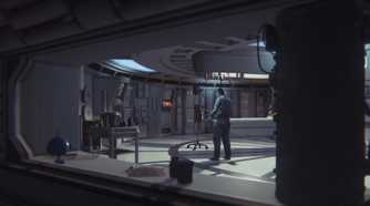 A man standing in the middle of a room in a space ship
