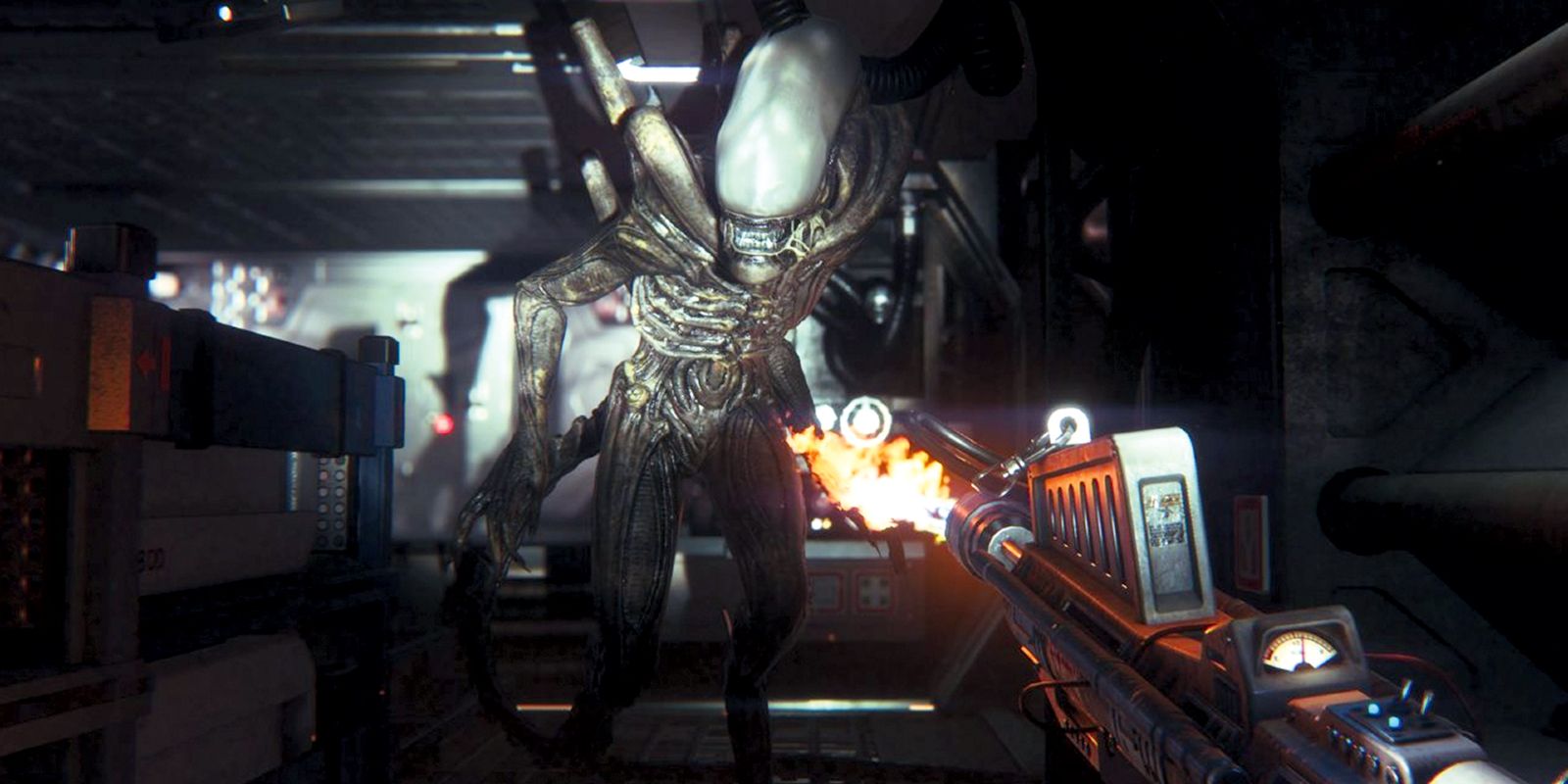 A person shooting a gun at a Xenomorph