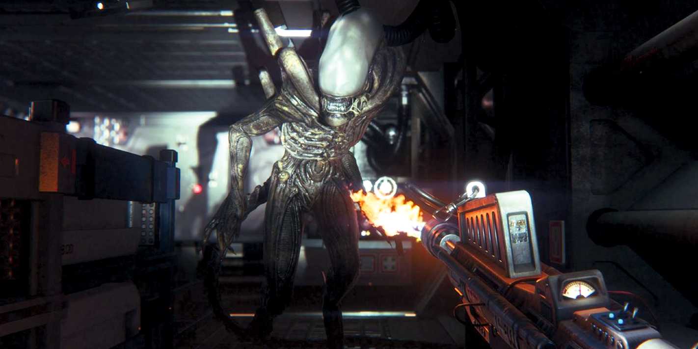A person shooting a gun at a Xenomorph