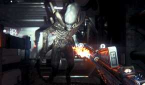 A person shooting a gun at a Xenomorph