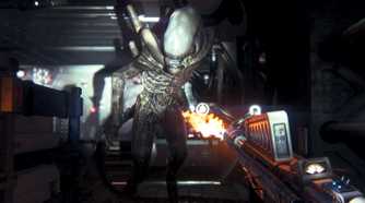 A person shooting a gun at a Xenomorph