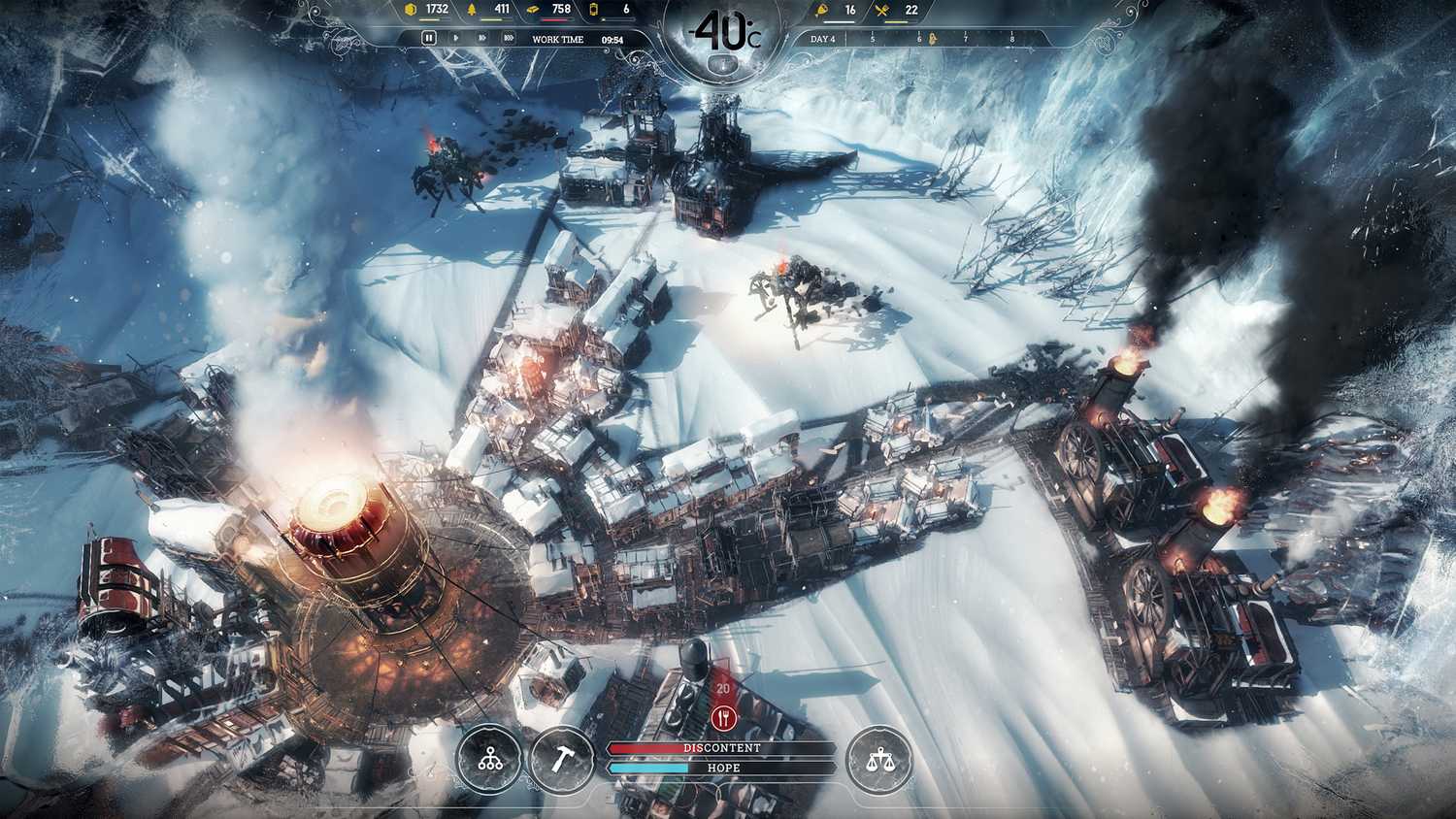A top down view of a city in Frostpunk 2