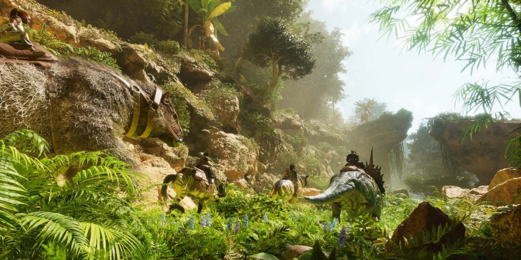 A group of herbivore dinosaurs walking through a field
