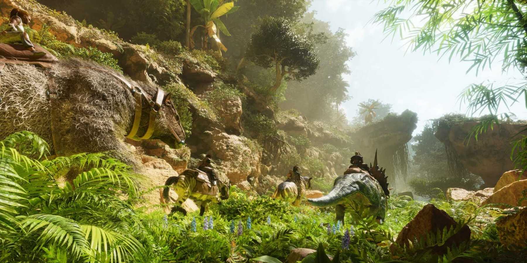 A group of herbivore dinosaurs walking through a field