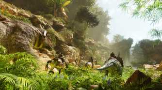 A group of herbivore dinosaurs walking through a field
