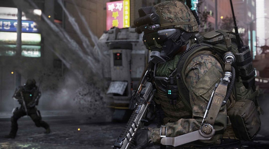 A screenshot of gameplay from the campaign of Call of Duty: Advanced Warfare