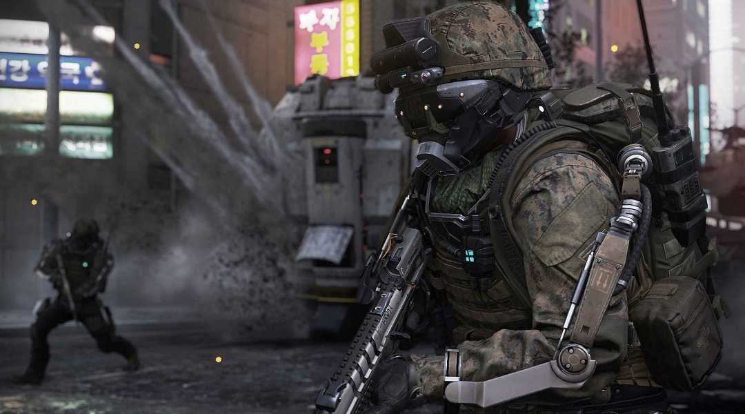 A screenshot of gameplay from the campaign of Call of Duty: Advanced Warfare