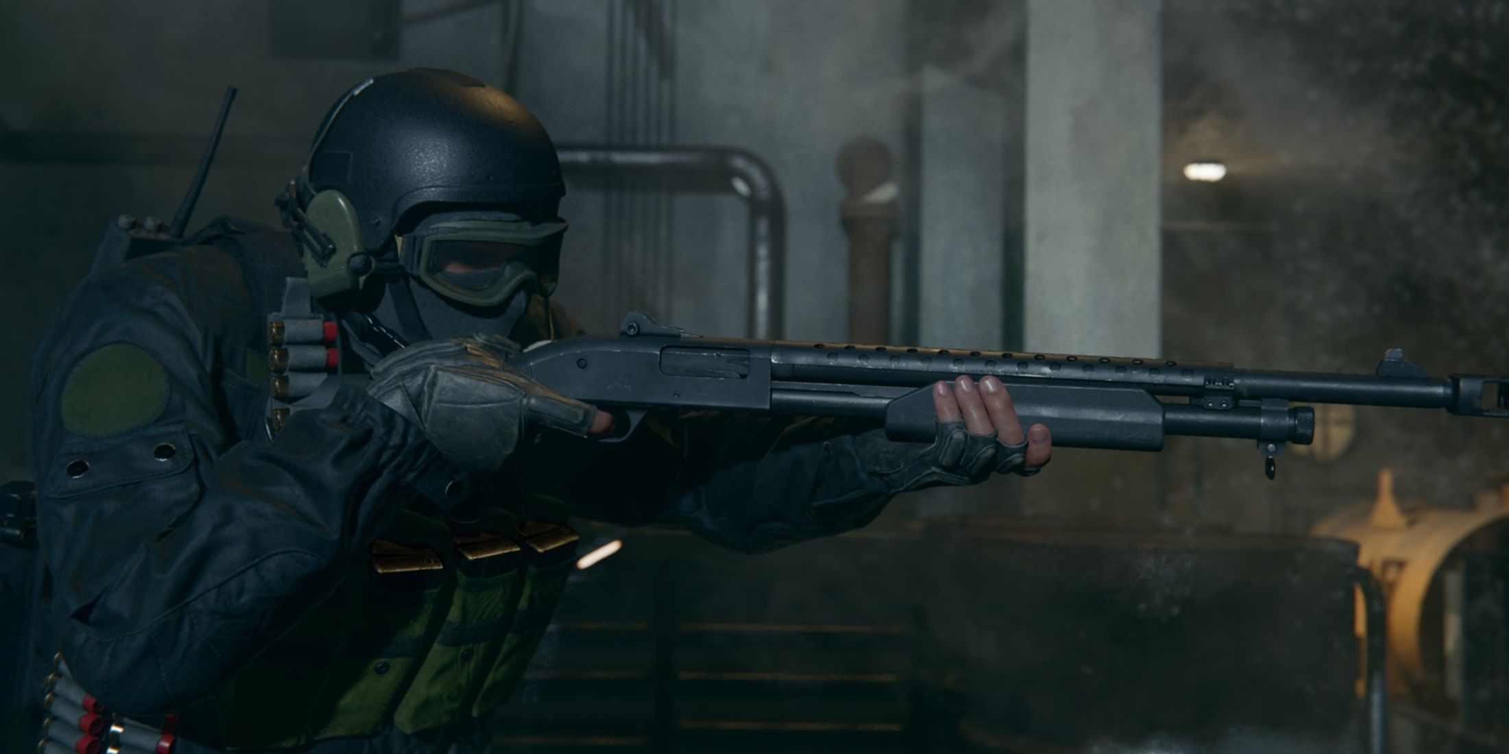 Black Ops 6 operator wearing a helmet and goggles holding a shotgun walking