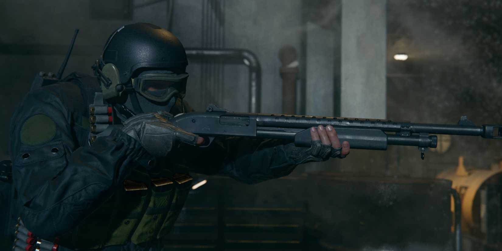 Black Ops 6 operator wearing a helmet and goggles holding a shotgun walking
