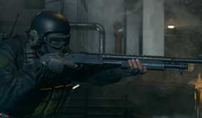 Black Ops 6 operator wearing a helmet and goggles holding a shotgun walking