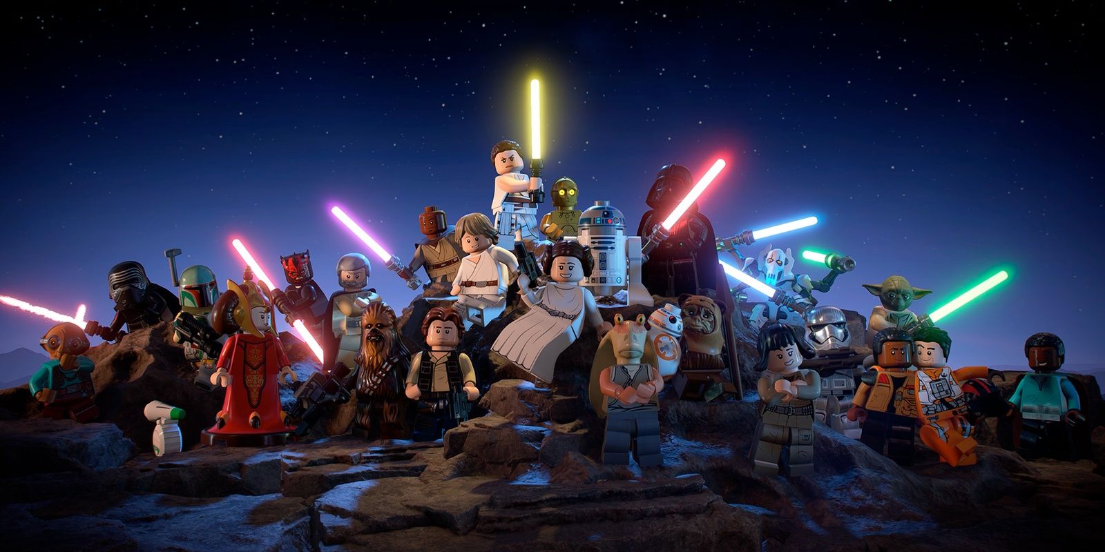A screenshot of the characters in LEGO Star Wars: The Skywalker Saga