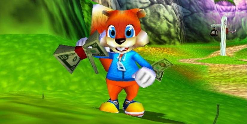 A screenshot of Conker getting cash in Conker's Bad Fur Day