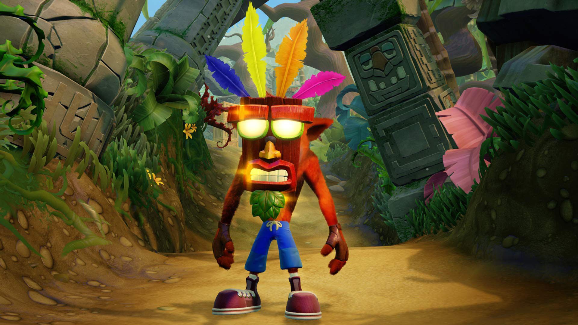 Crash Bandicoot with the Aku Aku mask on