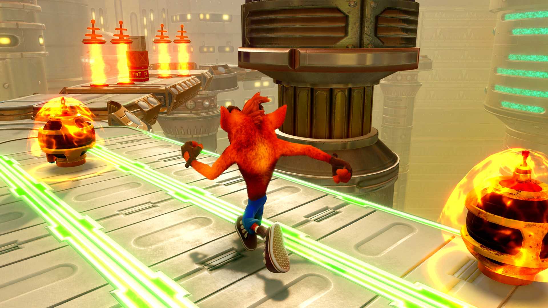 Crash running along a platform
