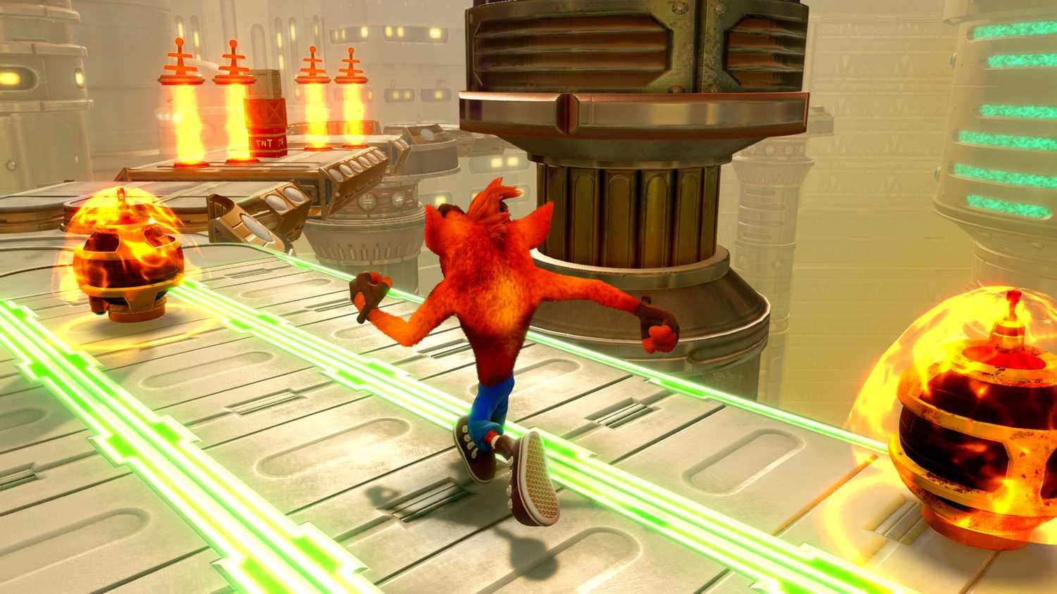Crash running along a platform