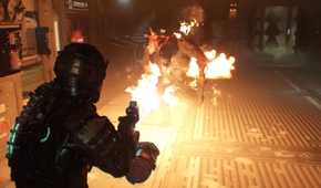 Isaac burning a necromorph with a flamethrower