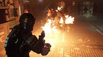 Isaac burning a necromorph with a flamethrower