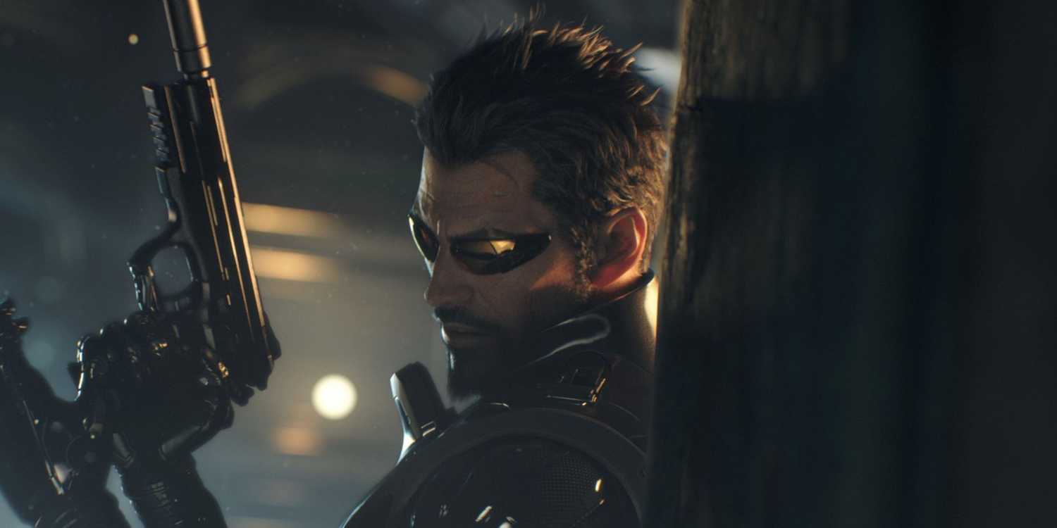 Screenshot from Deus Ex: Mankind Divided video game of player character preparing to turn a corner