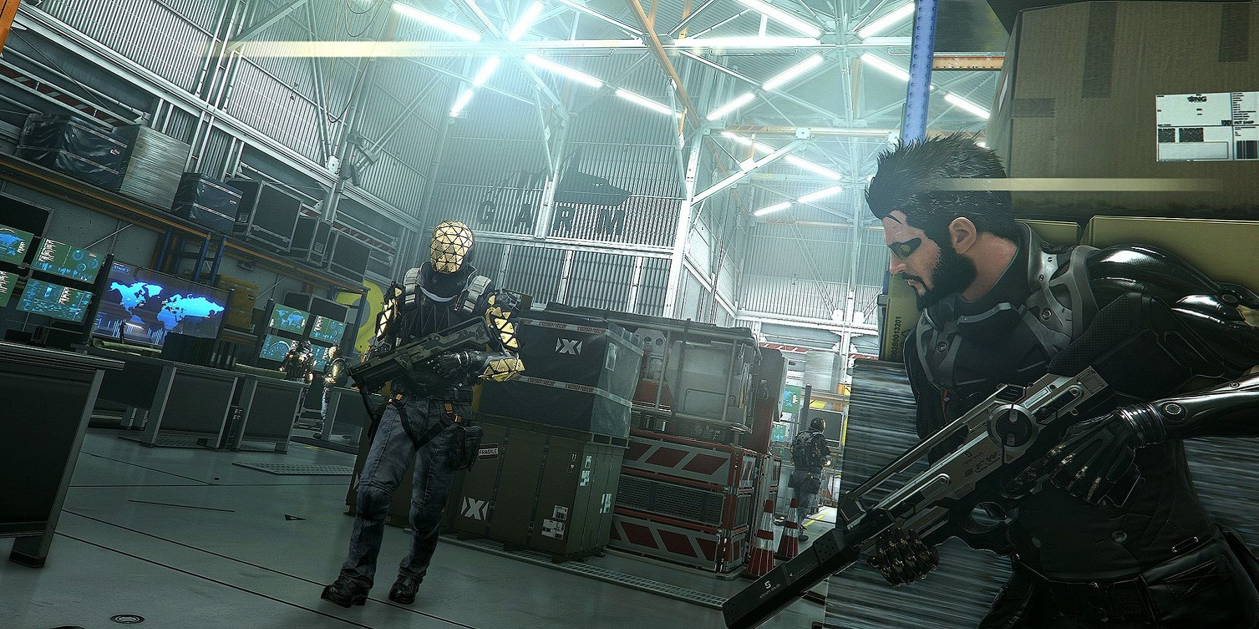 Screenshot from Deus Ex: Mankind Divided video game of player character looking around the corner with an enemy in the distance