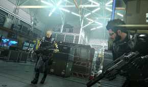Screenshot from Deus Ex: Mankind Divided video game of player character looking around the corner with an enemy in the distance