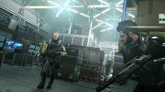 Screenshot from Deus Ex: Mankind Divided video game of player character looking around the corner with an enemy in the distance