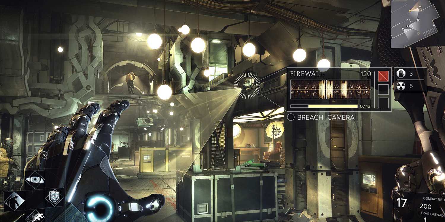 Screenshot from Deus Ex: Mankind Divided video game of player character hacking a firewall