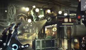 Screenshot from Deus Ex: Mankind Divided video game of player character hacking a firewall