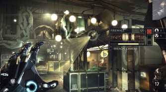 Screenshot from Deus Ex: Mankind Divided video game of player character hacking a firewall