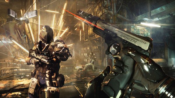 Screenshot from Deus Ex: Mankind Divided video game of player character examining their pistol in sci-fi setting