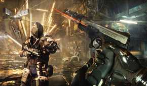 Screenshot from Deus Ex: Mankind Divided video game of player character examining their pistol in sci-fi setting